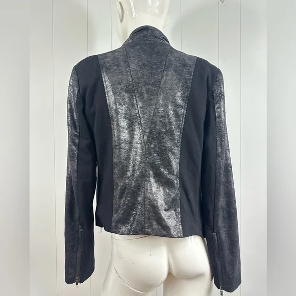 Cache Sz S Black Coated Drape Open Front Cardigan Sweater Side & Sleeve Zip - Picture 6 of 13